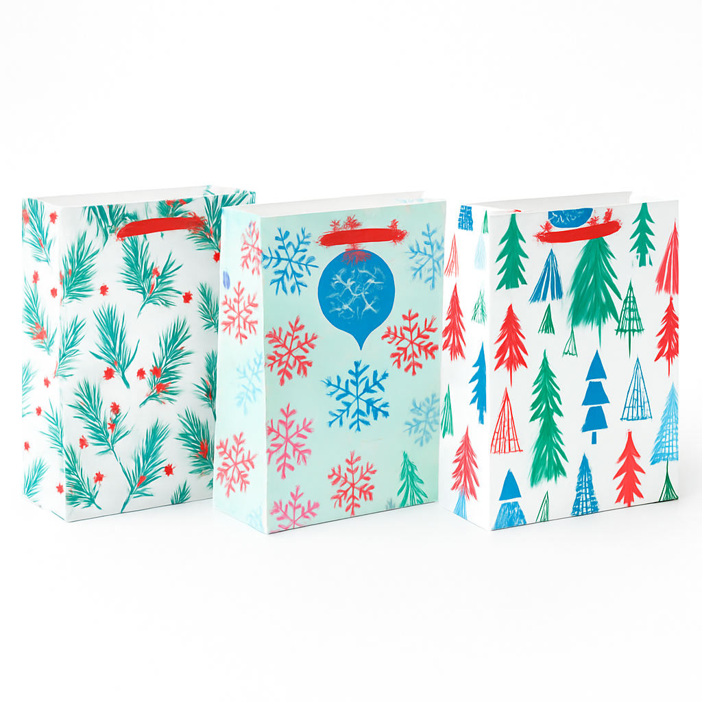 Festive Christmas Gift Bag Multipack - Trees, Holly & Snowflakes