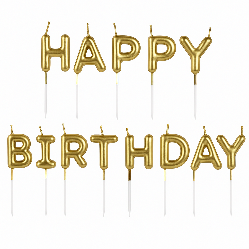Gold "Happy Birthday" Letter Balloon Candle Picks