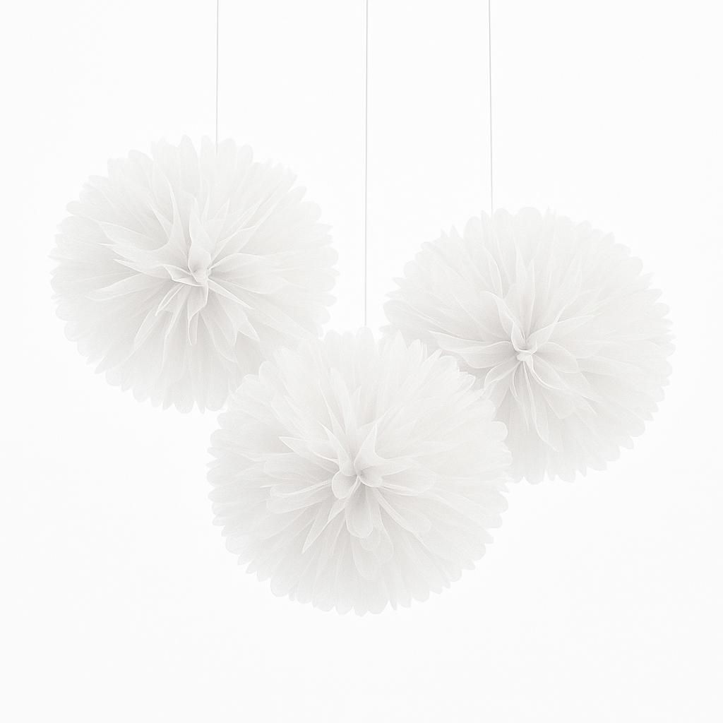 Whimsical White Tulle Fluffy Decorations - 3 Pack