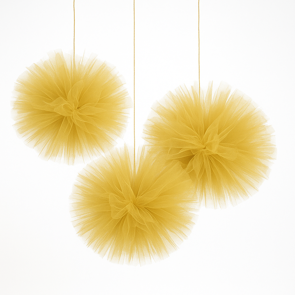 Gold Tulle Fluffy Pom Pom Decorations - 3 Pack