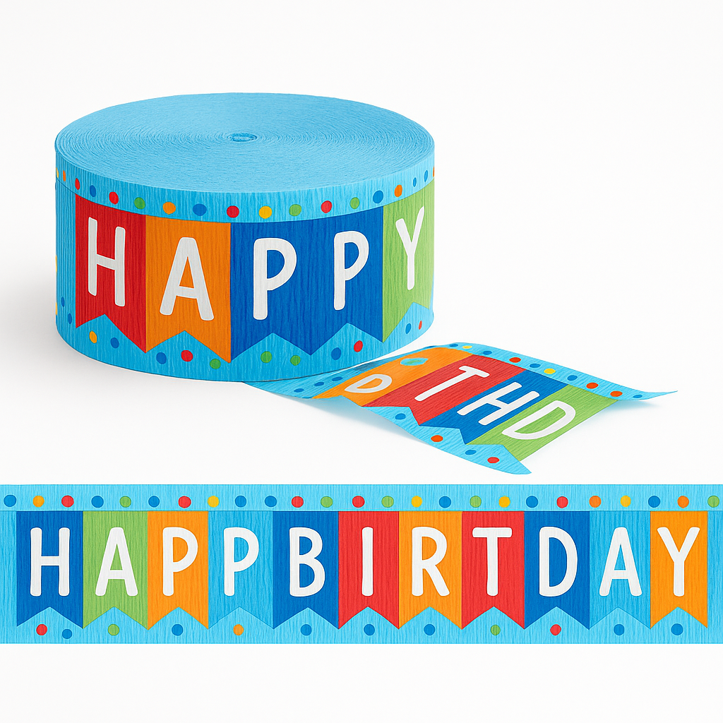 "Happy Birthday" Blue Crepe Streamer - 81 ft