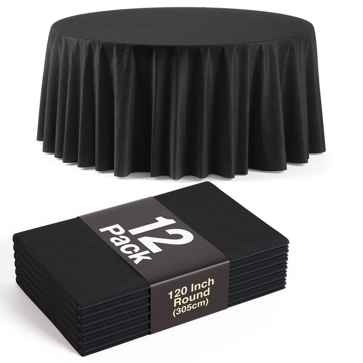 120 In. Premium Round Black Plastic Table Covers | 12 Count