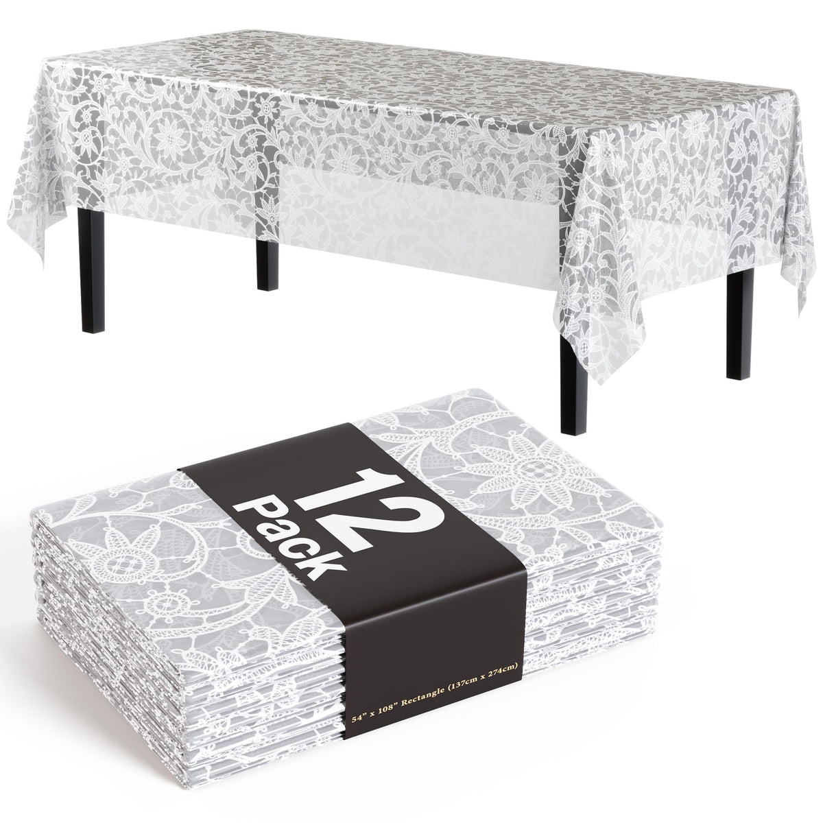 White Lace Plastic Table Covers | 12 Pack - 54 In. x 108 In.