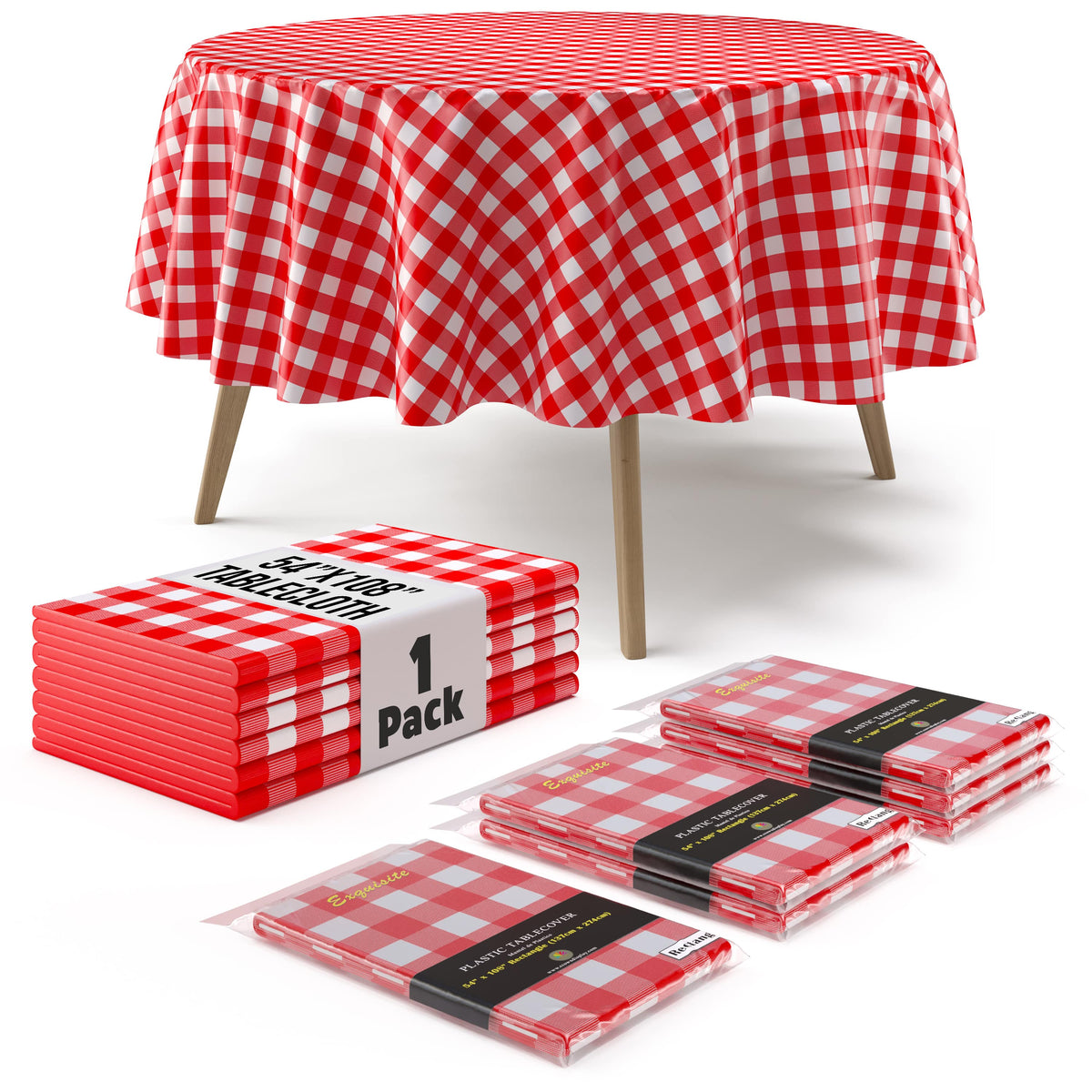 Round Red Gingham Plastic Table Cover - 84 in.