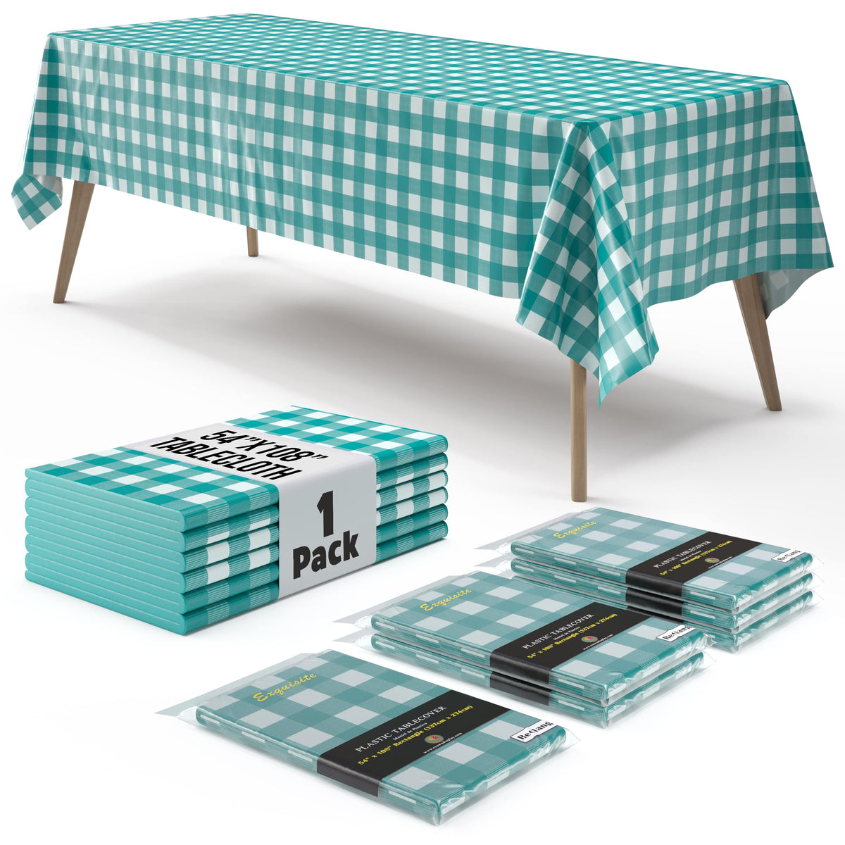 Teal Gingham Plastic Table Cover - 54 In. x 108 In.