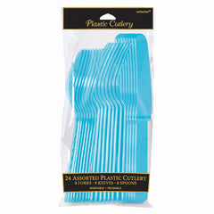 Caribbean Blue Assorted Plastic Cutlery Set - 7.5 in. - 24 Count