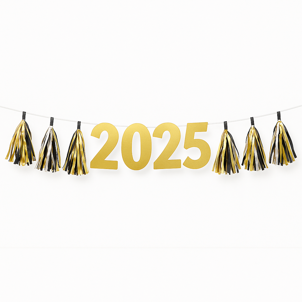 "2025" New Year's Tassel Garland Banner in Gold, Black, and Silver - 8 ft