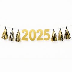 "2025" New Year's Tassel Garland Banner in Gold, Black, and Silver - 8 ft