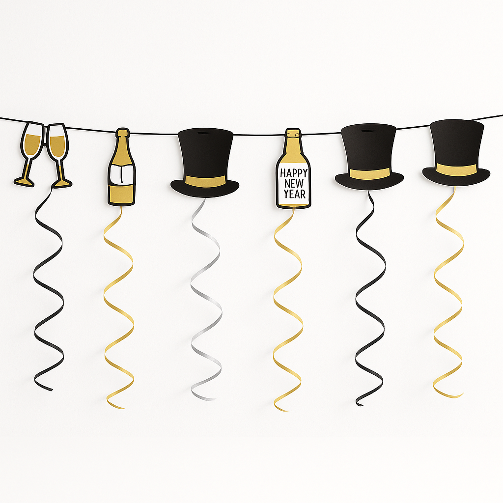 New Year's Eve Top Hat & Swirl Hanging Garland, 9-ft, Black/Gold/Silver