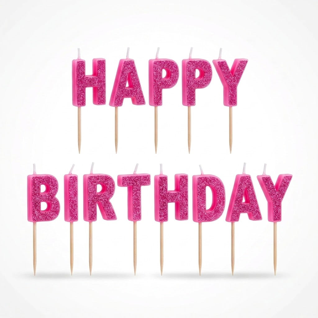 Glitter Pink "Happy Birthday" Candle Picks - 13 Piece Set