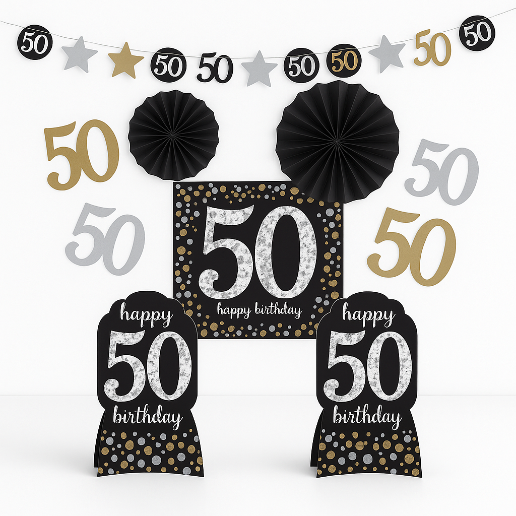 Sparkling 50th Birthday Room Decorating Kit - Black, Gold, Silver