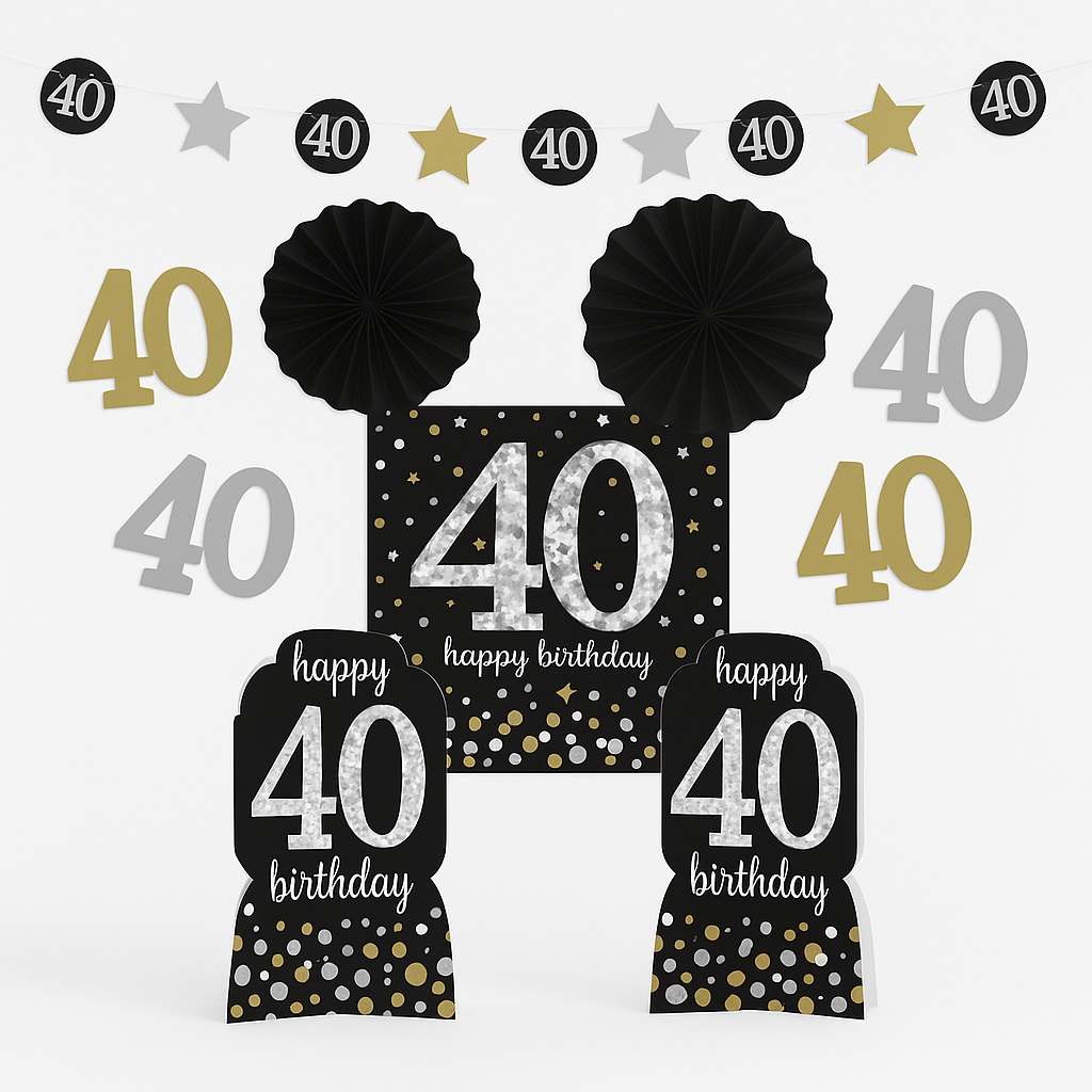 Sparkling Celebration 40th Birthday Room Decorating Kit - Black, Gold & Silver