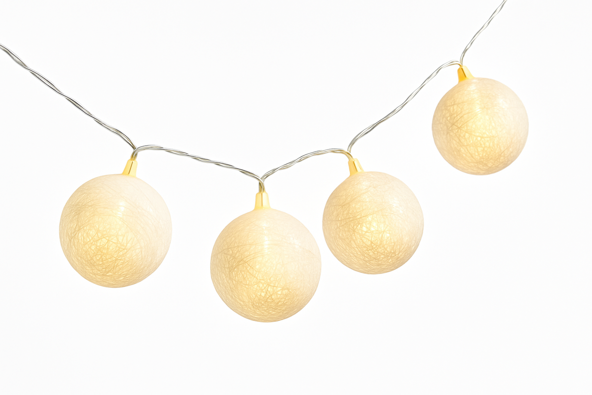 White Woven Ball LED String Lights - 10 Decorative Cotton Orbs, 5-ft, Battery Operated