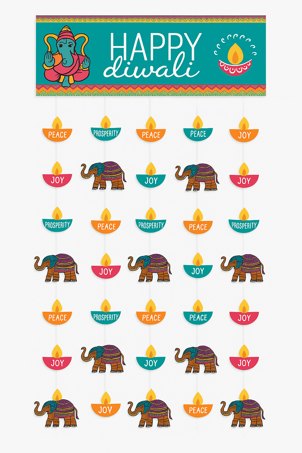 "Happy Diwali" Doorway Curtain with Ganesh & Elephant Motifs, 77-inch