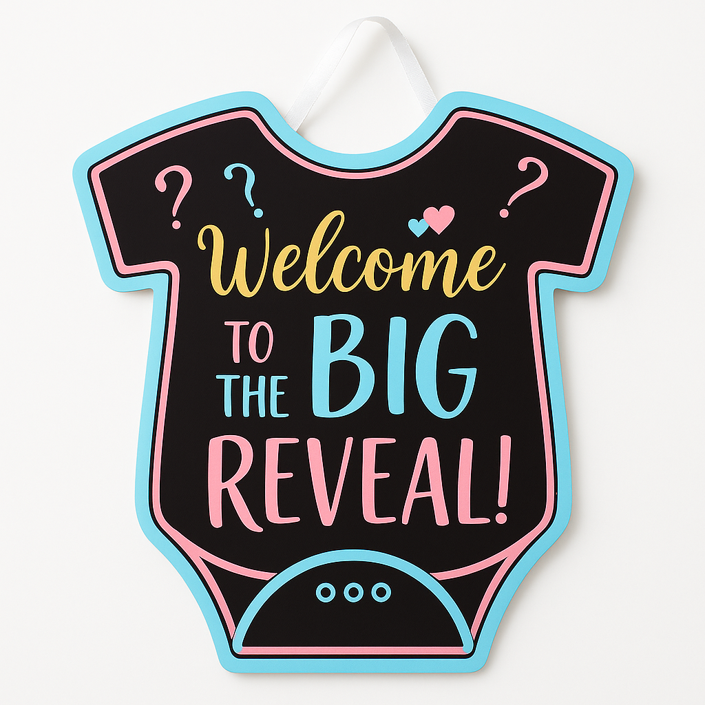 "Welcome to the Big Reveal" Onesie Hanging Sign, 14-Inch Gender Reveal Decoration