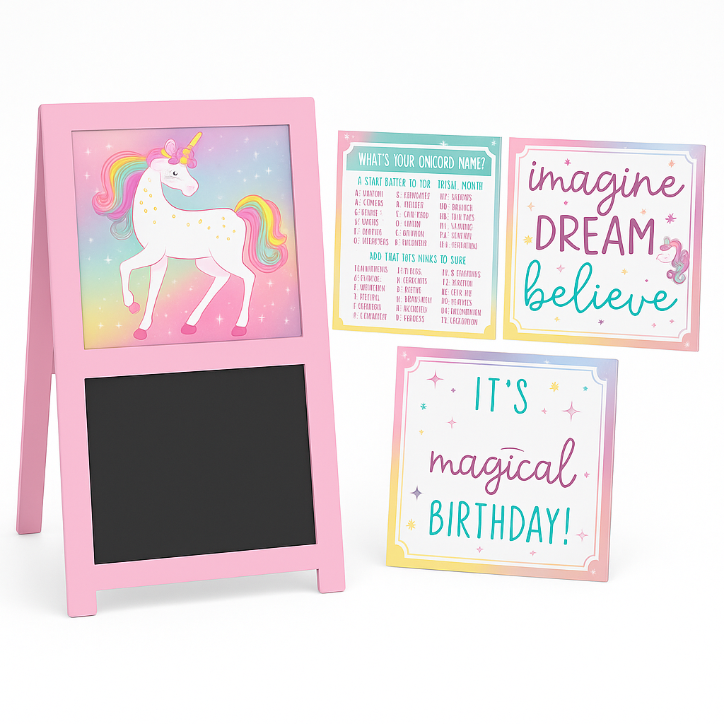 Enchanted Unicorn Customizable Chalkboard Easel Sign for Kids' Birthday Parties