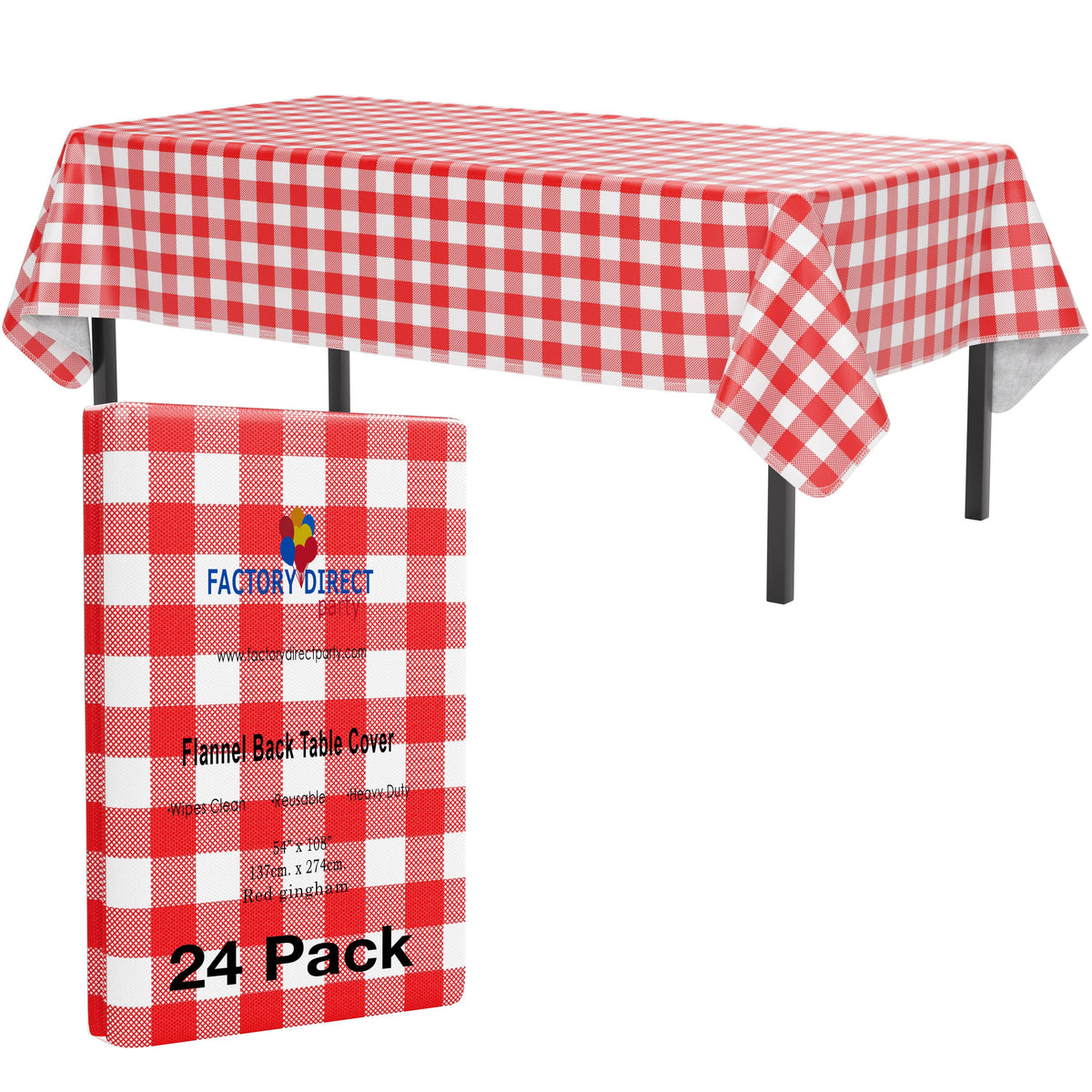 Red Gingham Flannel Backed Plastic Table Cover 54 In. x 108 In. | Case of 24 - 54 In. x 108 In.
