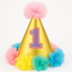 Deluxe 1st Birthday Metallic Floral Cone Party Hat for Girls