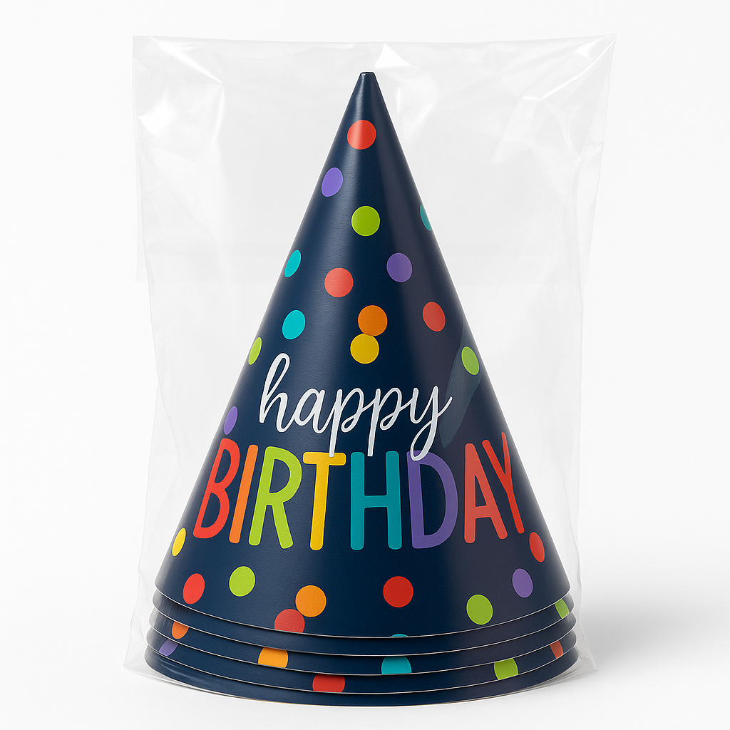 "Happy Birthday" Rainbow Polka Dot Cone Party Hats - 12 Pack