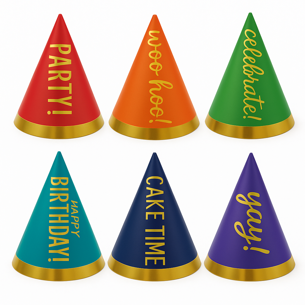 Mini Gold & Rainbow Cone Party Hats - 12 Pack