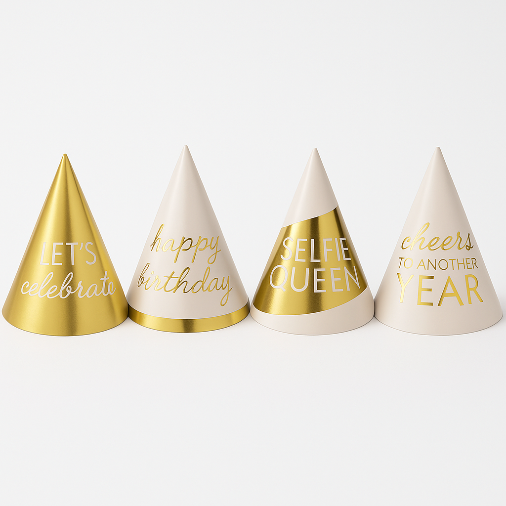 Golden Age Metallic Cone Birthday Party Hats, 4-Pack