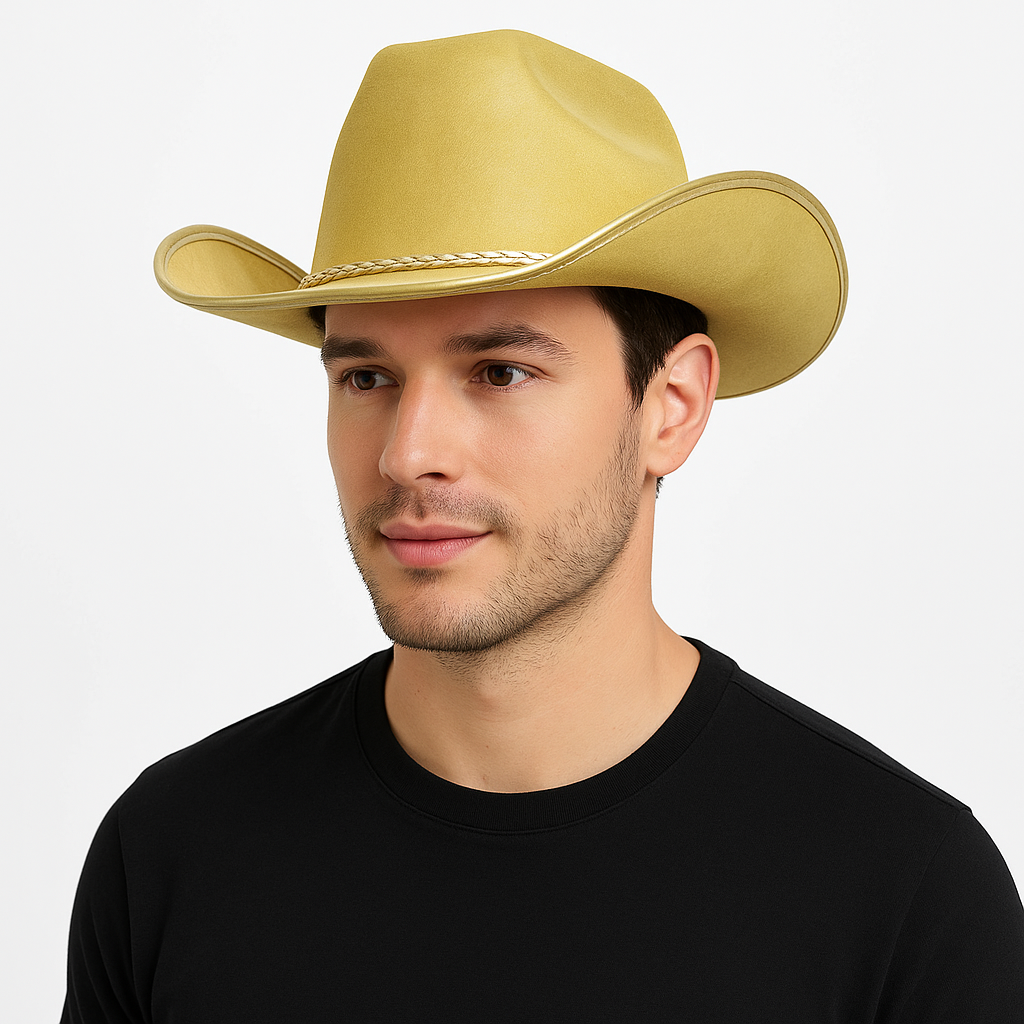 Gold Suede Cowboy Hat with Braided Cord - Perfect for Team Spirit Events