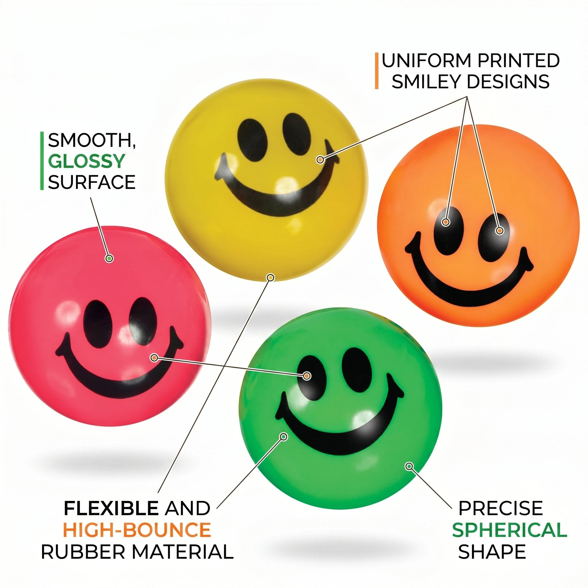 Smiley Face Bounce Balls Party Favors - 8 Pack 49 mm Neon Bouncy Balls for Kids, Goody Bag Stuffers, Classroom Prizes, Retro Stress Relief Desk Toys