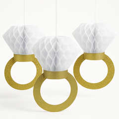 Glitter Gold Diamond Ring Hanging Decorations, 12-Inch, 3-Pack