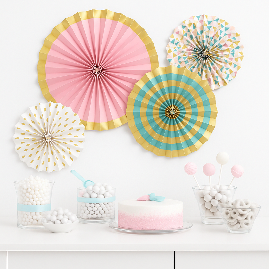 Metallic Gold & Pastel Paper Fan Decorations - 4 Pack