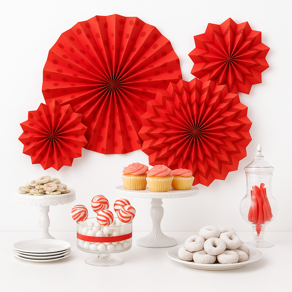 Red Glitter Paper Fan Decorations Set - Polka Dot & Chevron