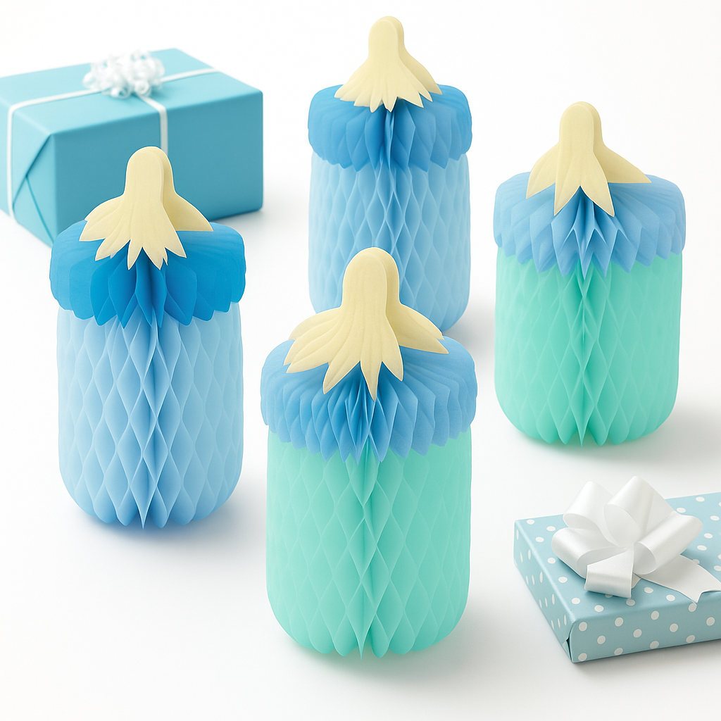 It's A Boy Baby Bottle Honeycomb Centerpiece Kit, 4-Pack