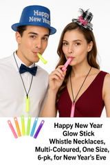 "Happy New Year" Multi-Colored Glow Stick Whistle Necklaces - 6 Pack