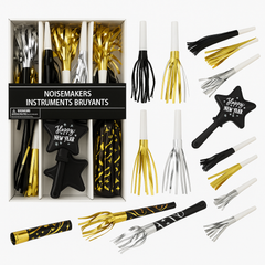New Year's Eve Noisemaker Party Pack - 40 Pieces in Black, Silver, and Gold