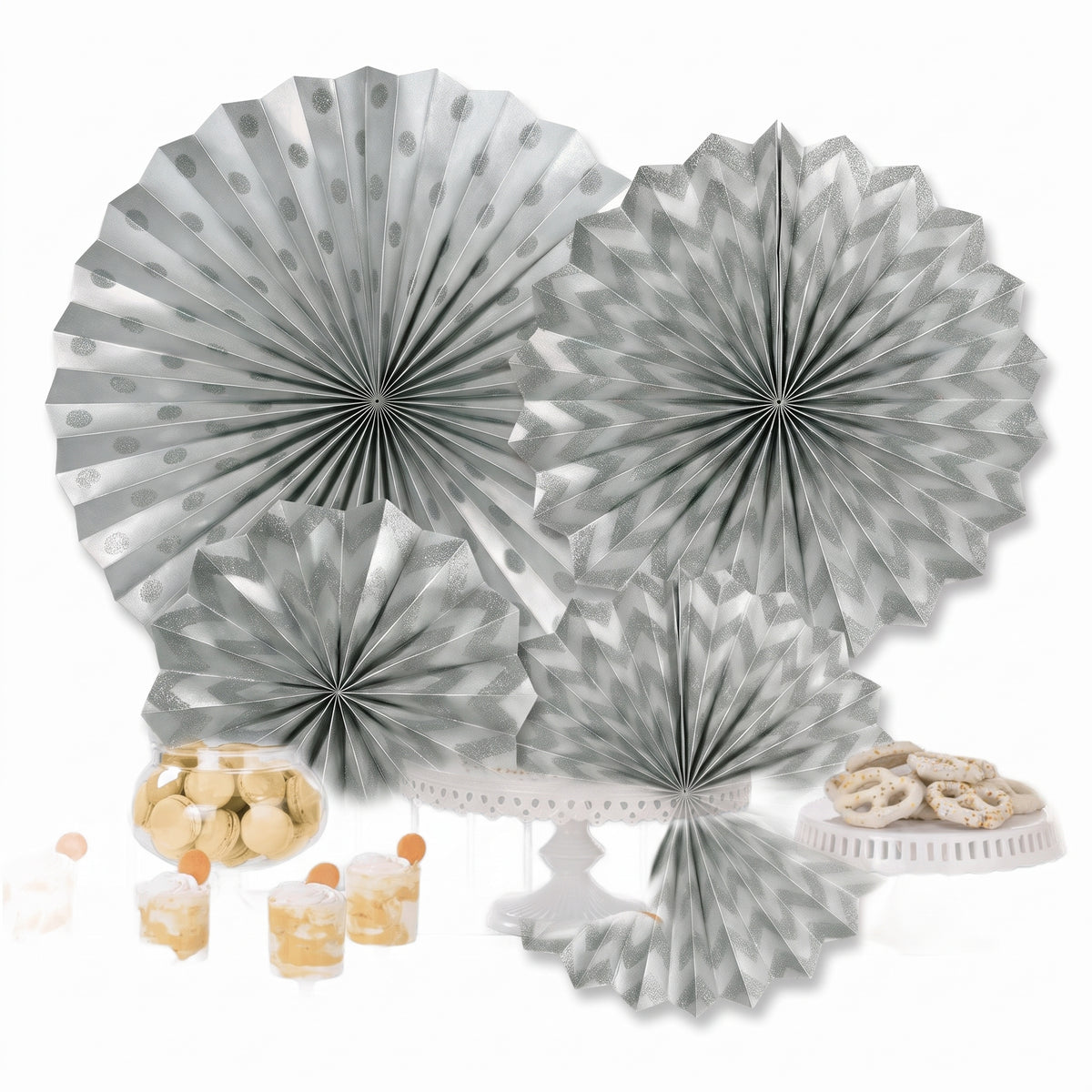 Silver Glitter Paper Fan Decorations Set - 4 Pack
