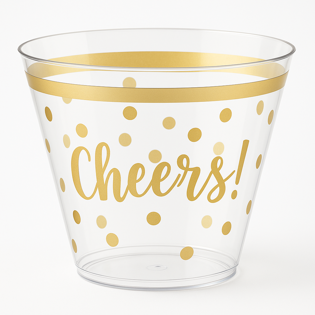 Cheers to a New Year 9oz Plastic Tumblers - Gold Polka Dot Design, 30 Pack