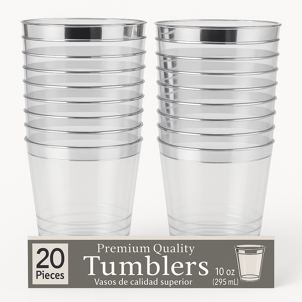 Gold Trim Premium Plastic Tumblers - 10 oz, 20 Pack
