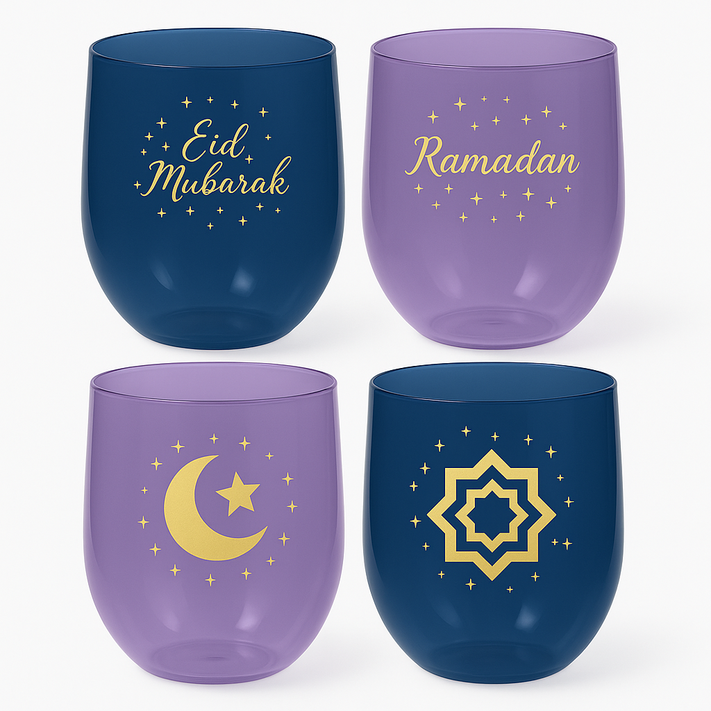 Eid Mubarak Stemless Plastic Wine Glasses - 4 Pack