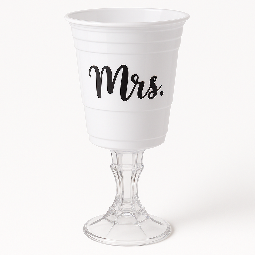 "Mrs." White Party Cup with Stand, 15oz - Fun Wedding Drinkware