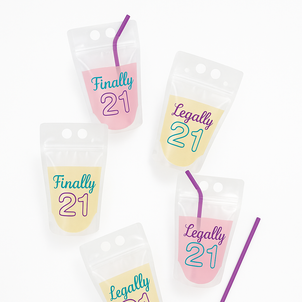"Finally 21" Party Pouches with Straws