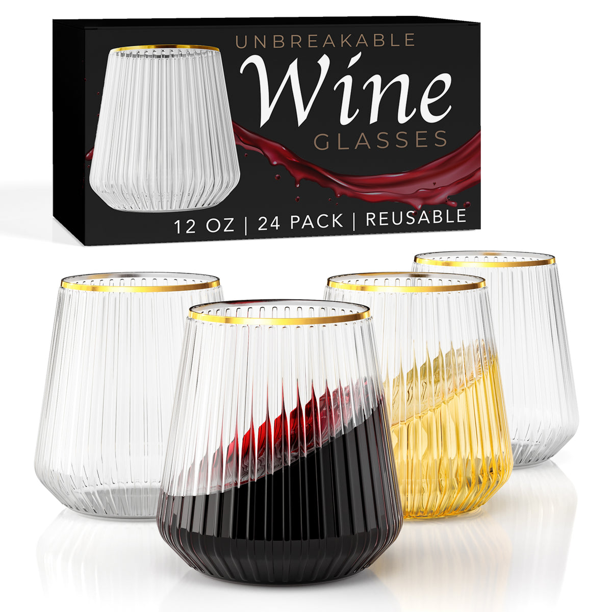 12 Oz. Stemless Ridged Wine Tumbler 24 Count | Clear/Gold