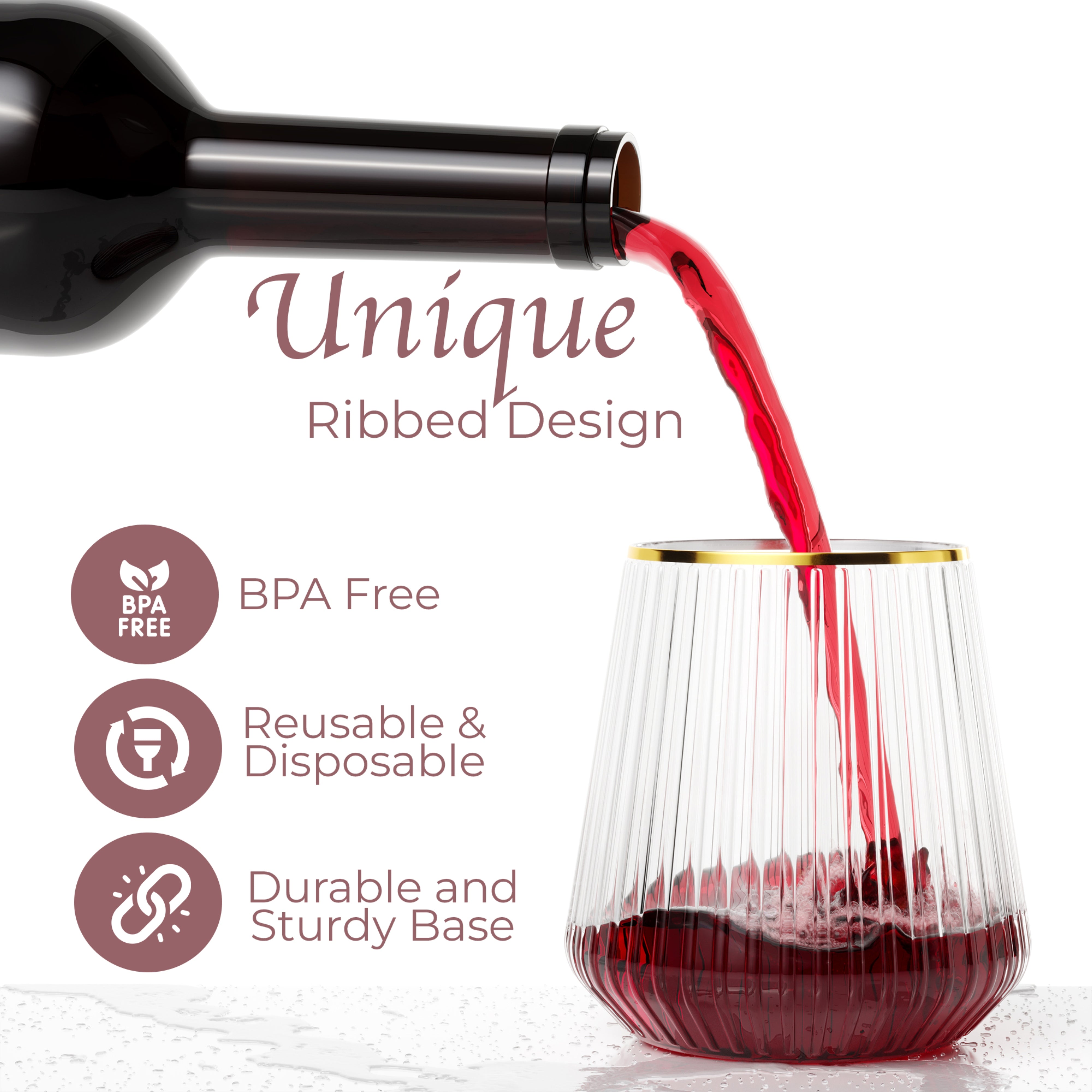 12 Oz. Stemless Ridged Wine Tumbler 24 Count | Clear/Gold