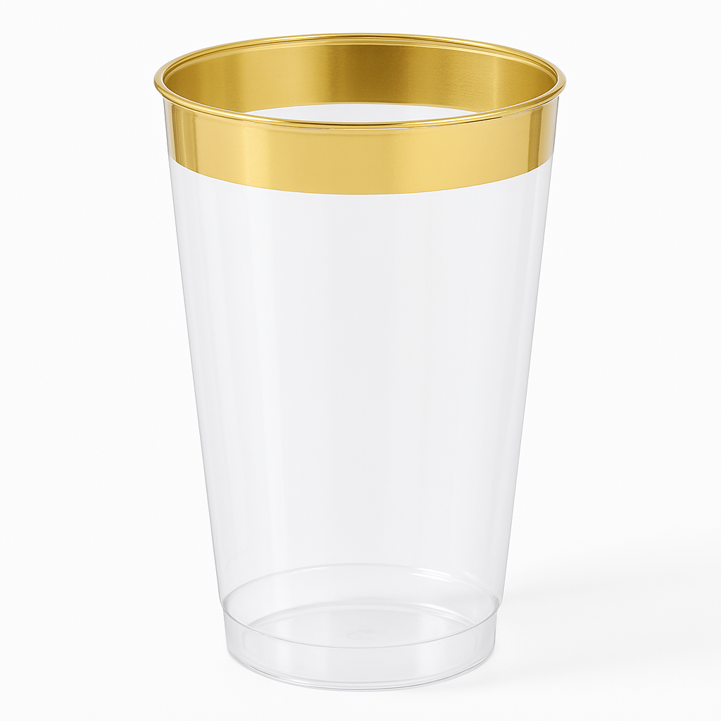 Gold-Trimmed Plastic Tumblers, 16 oz, 16 Pack
