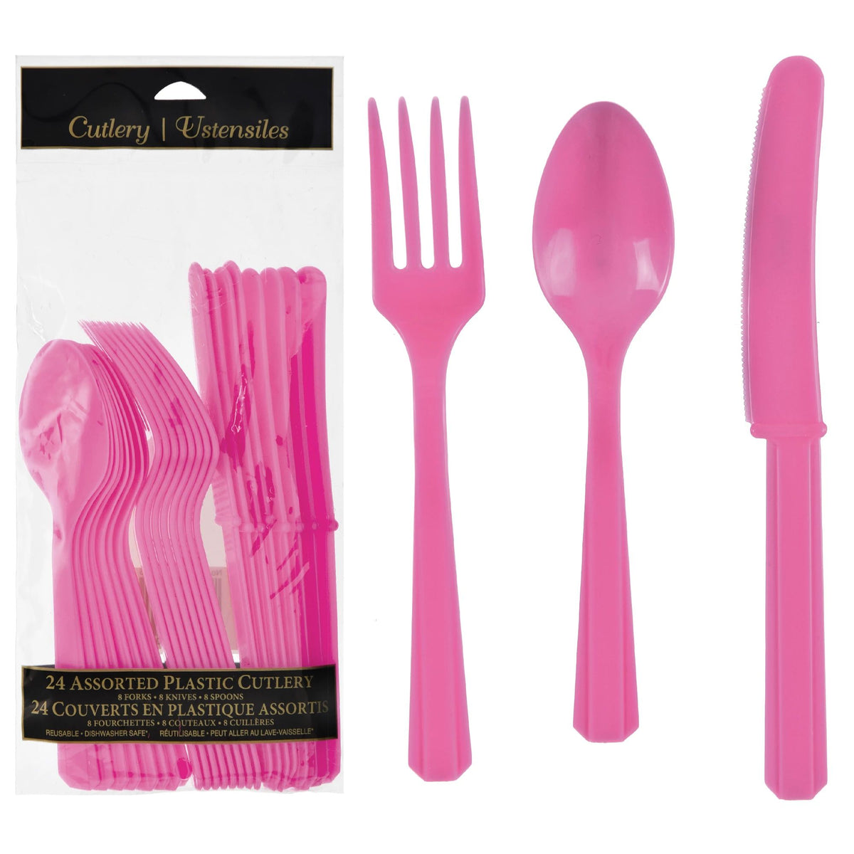 Bright Pink Assorted Plastic Cutlery Set - 24 Pieces