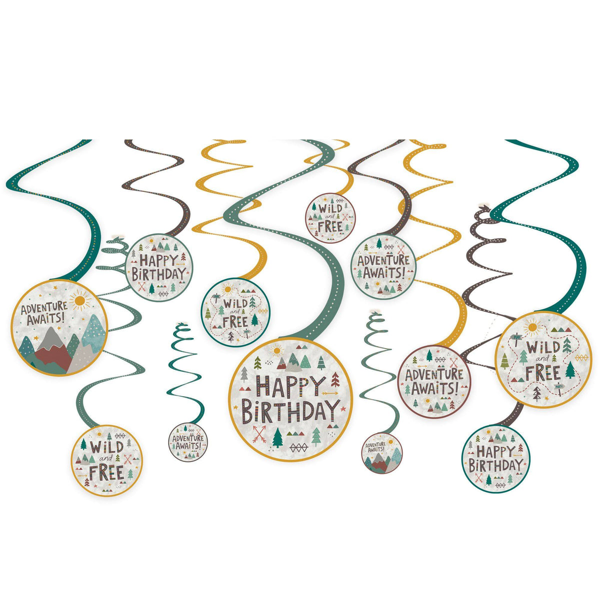 Wilderness Adventure Birthday Swirl Decorations - 12 Pack