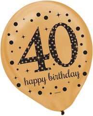 Sparkling Celebration 40th Birthday Latex Balloons - Black, Gold & Silver, 12-Inch, 15-Pack