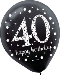 Sparkling Celebration 40th Birthday Latex Balloons - Black, Gold & Silver, 12-Inch, 15-Pack