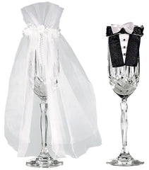 Bride & Groom Champagne Flute Covers with Veil & Tuxedo