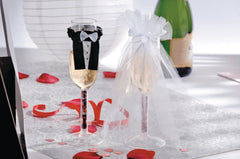 Bride & Groom Champagne Flute Covers with Veil & Tuxedo