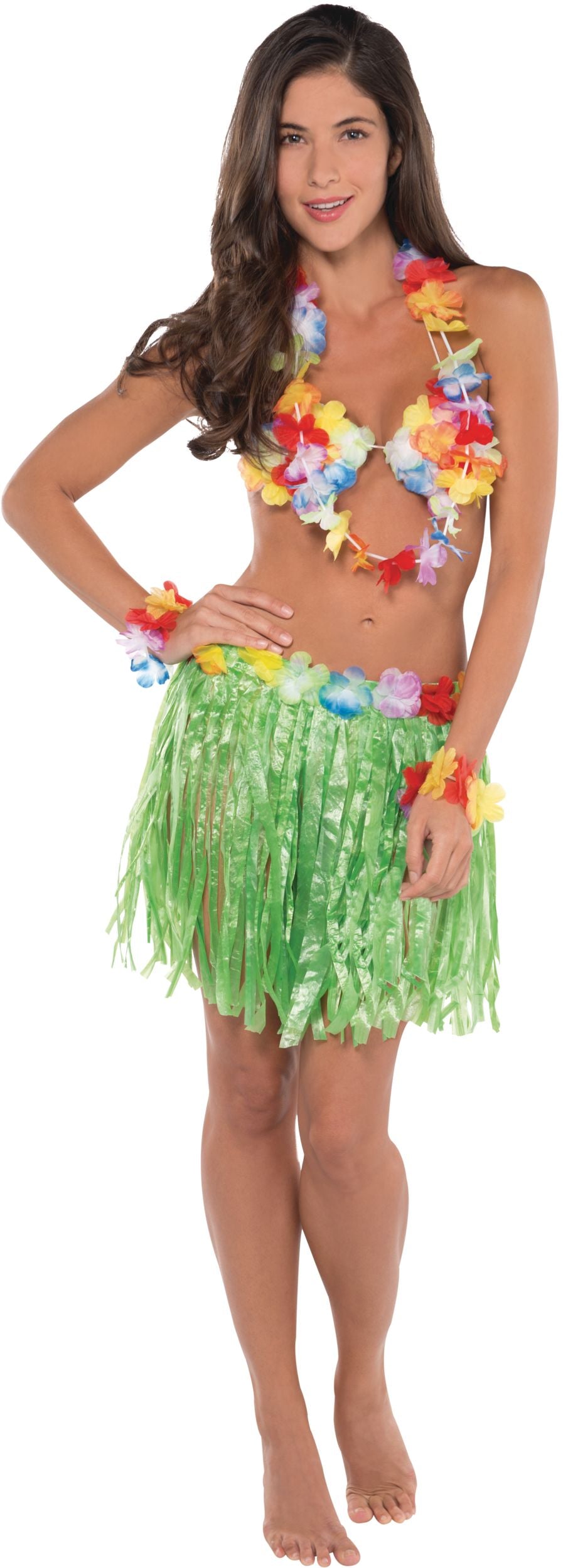 Adult Hula Skirt Kit with Bra, Lei, and Wristlets - Green & Multicolor