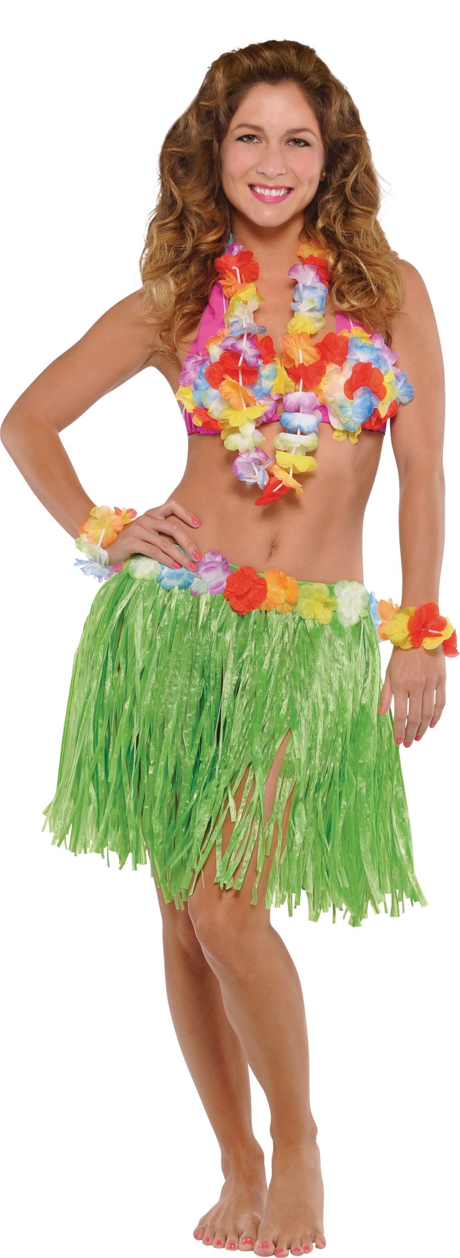 Adult Hula Skirt Kit with Bra, Lei, and Wristlets - Green & Multicolor